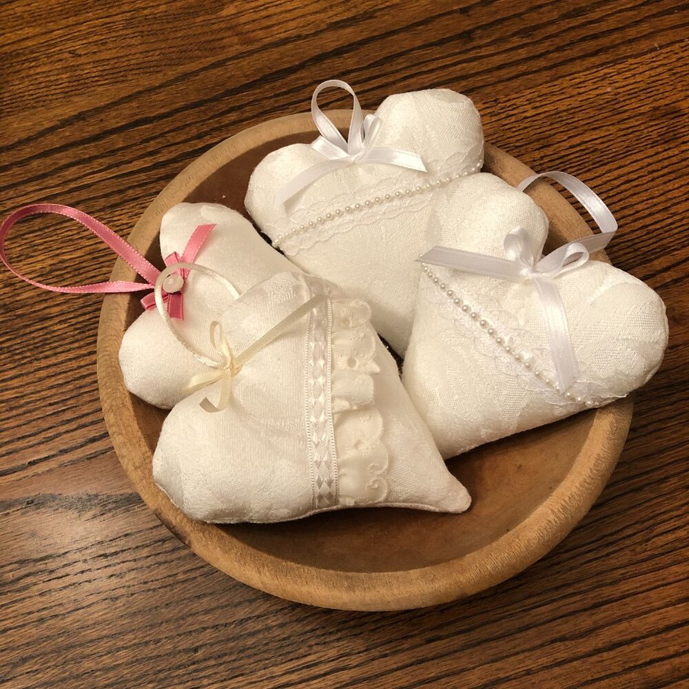 Heart Ornaments - Hanging /  Pretty White on White Decor Fabric & Ribbon